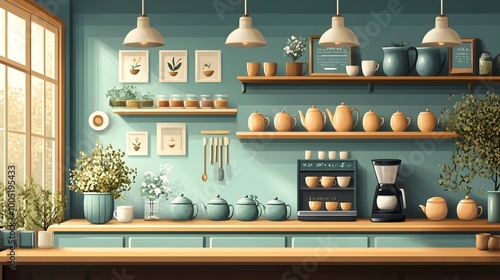 Illustration of Cozy Kitchen Setting with Sunlight, Warm and Inviting Interior Design