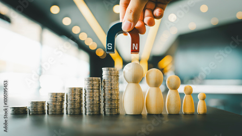 Εκτύπωση καμβά Business executive holding a magnet to attract a pile of money and a model of a group of people is a concept about earning income, growing the company along with finding the right people to work with