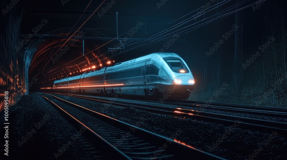 Naklejka premium Futuristic Train in Motion Through a Dark Tunnel