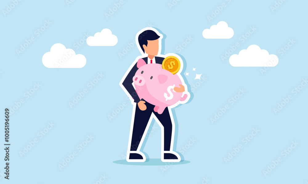 A businessman carrying a shining piggy bank, an illustration of the strong performance and increasing value of investment assets and capital gains. A businessman carrying a shining piggy bank, an illustration of the strong performance and increasing value of investment assets and capital gains.