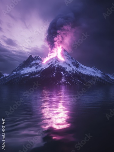 Stunning volcanic eruption with intense pink and purple hues, reflected in calm waters under a dramatic sky. Nature in full power and beauty.