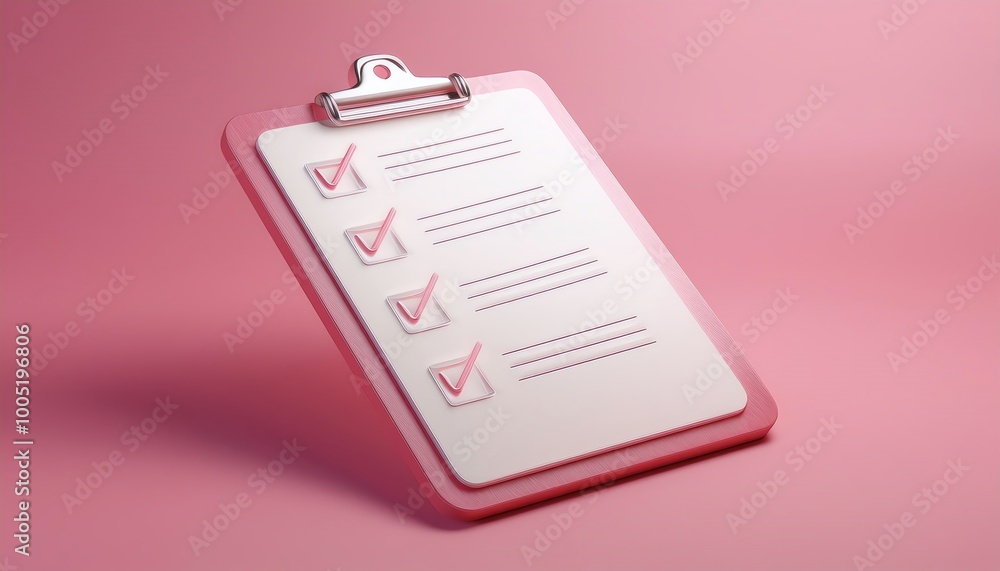 A pink clipboard displays a checklist with several items marked complete, set against a soft pink background. A pink clipboard displays a checklist with several items marked complete, set against a soft pink background.