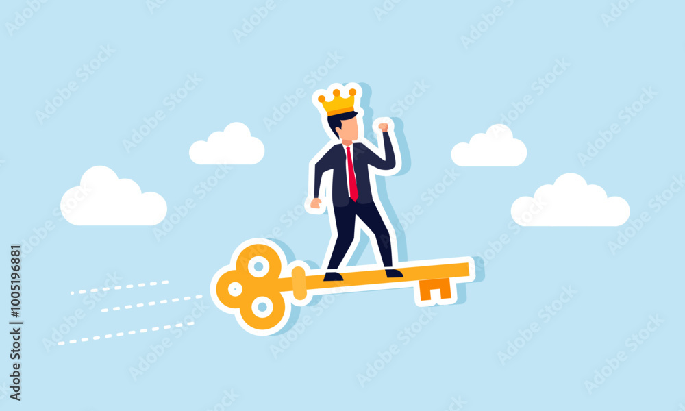 A businessman with a crown riding a golden key flying swiftly in the sky, an illustration of key factors in achieving a successful business career A businessman with a crown riding a golden key flying swiftly in the sky, an illustration of key factors in achieving a successful business career