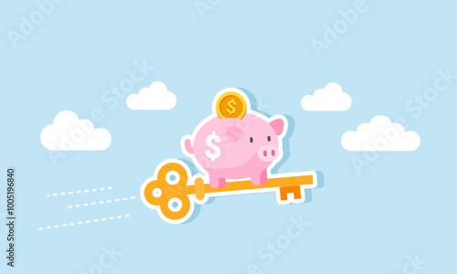 A piggy bank riding a golden key flying swiftly in the sky, an illustration of market-driving factors that cause the dollar's valuation to move positively.
