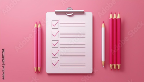 A clipboard with a checklist and colorful pencils is placed on a pink background, creating a vibrant and organized workspace vibe. photo