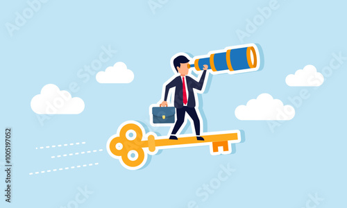 A businessman looking through a telescope while riding a golden key flying swiftly in the sky, an illustration of vision in identifying key success factors in business