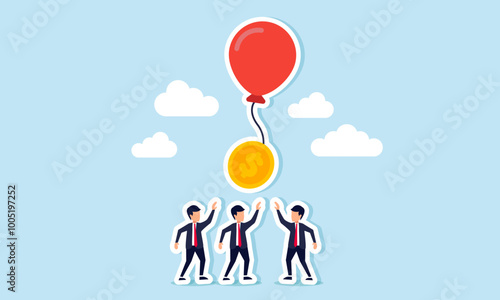 A group of businessmen competing for a dollar coin attached to a floating balloon string, an illustration of competition in the business to secure new revenue from upcoming projects