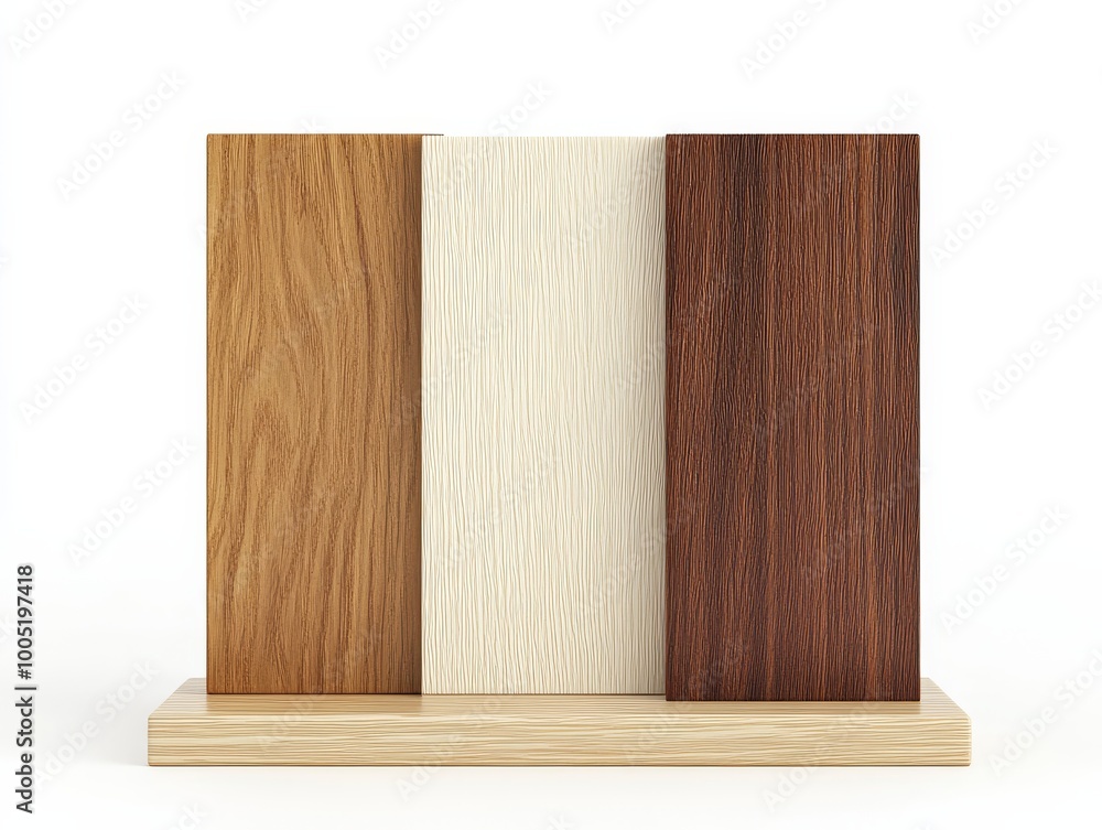 Naklejka premium Three wooden texture samples displayed on a wooden stand, perfect for design inspiration or material selection imagery.