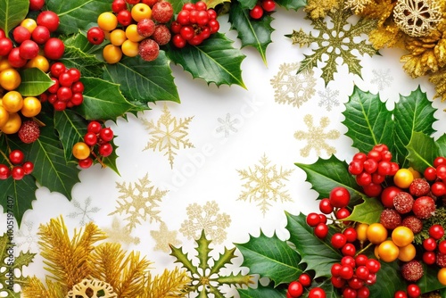 Vibrant red and green holly leaves with bright golden berries and snowflakes adorn a festive holiday border, perfect for seasonal cards and decorations.