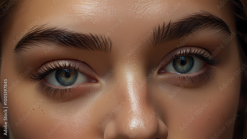 close-up view of a woman's eyes, focusing on the intricacies of her lashes, eyebrows, and the subtle reflections in her pupils close-up view of a woman's eyes, focusing on the intricacies of her lashes, eyebrows, and the subtle reflections in her pupils