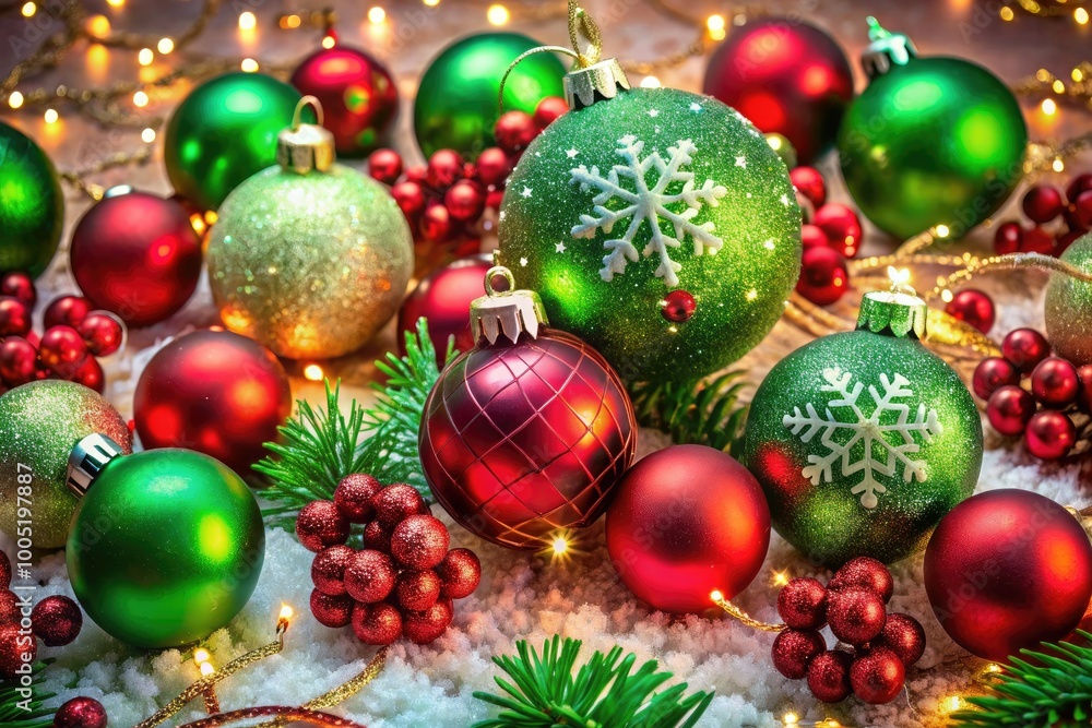 Vibrant red and green ornaments, sparkling snowflakes, and shimmering garlands adorn a festive holiday background, evoking a joyful and cozy winter wonderland atmosphere. Vibrant red and green ornaments, sparkling snowflakes, and shimmering garlands adorn a festive holiday background, evoking a joyful and cozy winter wonderland atmosphere.