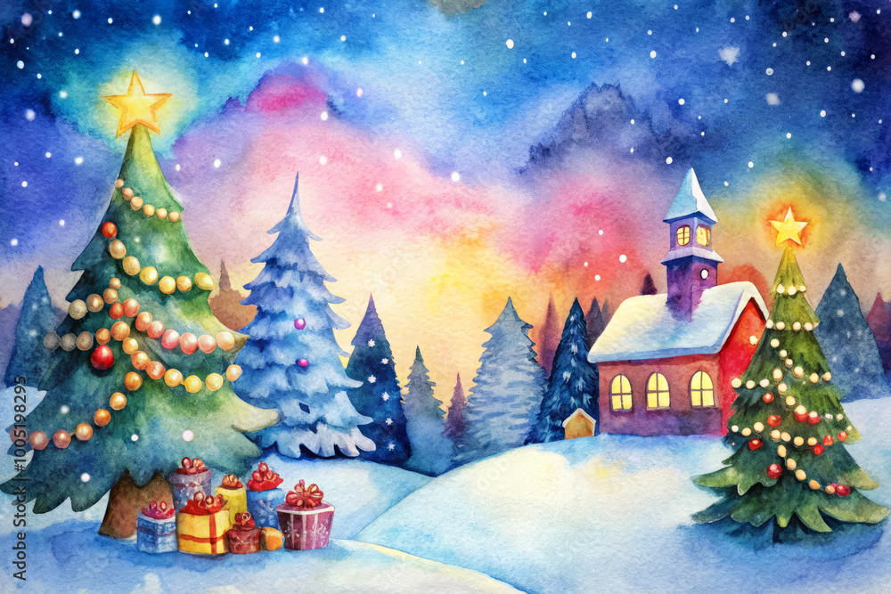 Fototapeta premium Watercolor Christmas Scene with Trees and Gifts