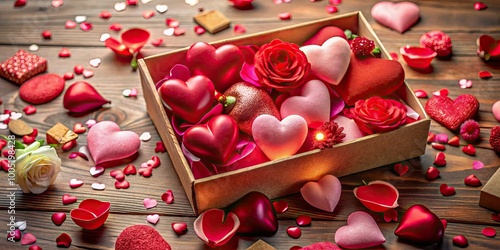 Vibrant red and pink hearts of various shapes and sizes overflow from a delicate, ornate box, surrounded by soft, romantic lighting and scattered rose petals.