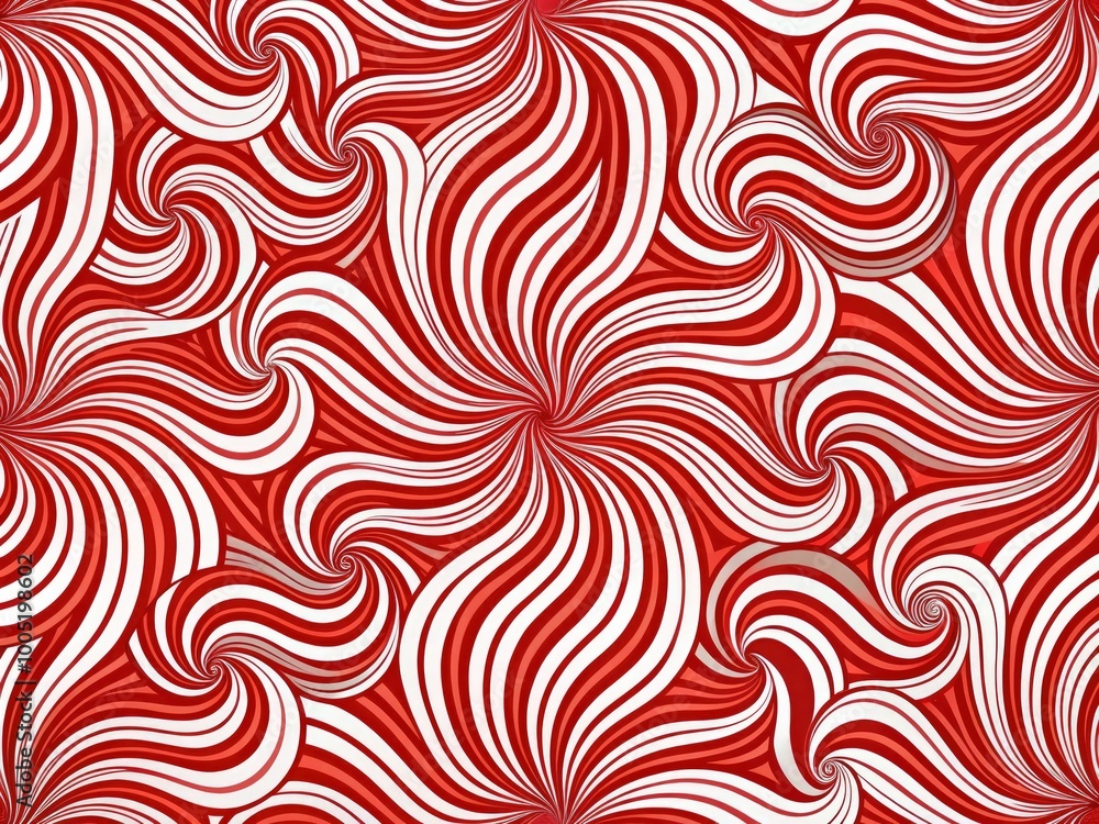 Obraz premium Vibrant red and white geometric patterned background with dynamic swirls and bold stripes, creating a modern and energetic visual contrast, ideal for graphic design projects.