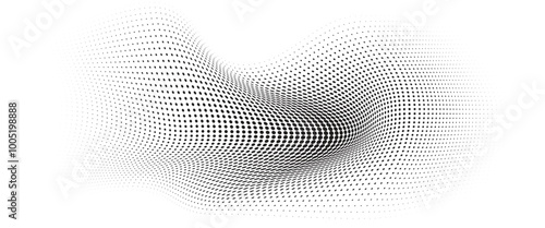 Flowing Wave Dot Halftone Pattern: Curve Gradient Shape on Transparent Background. Suitable for AI, Tech, Network, Digital, Science, and Technology Themes.