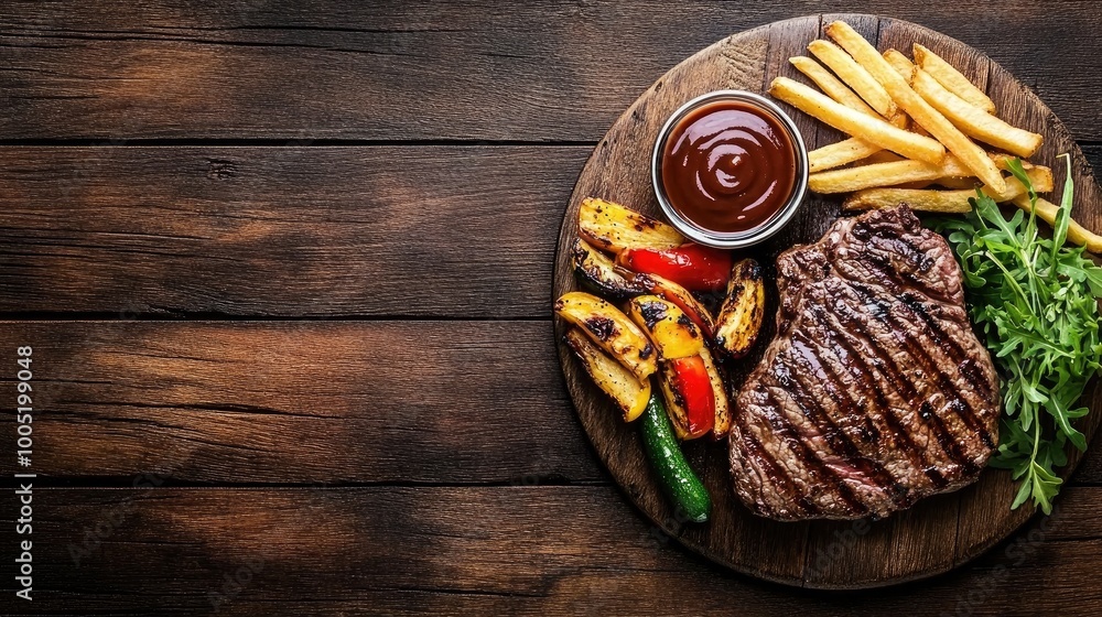Grilled Steak with Fries and Vegetables on Wooden Board Grilled Steak with Fries and Vegetables on Wooden Board