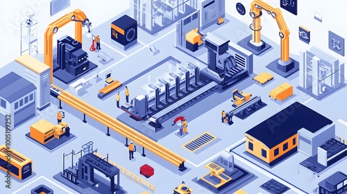 A bustling factory scene with various workers and machines. A man in a yellow shirt is holding a red object, possibly a tool or a part. There are several other people in the scene