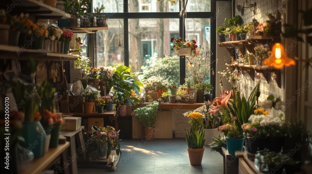 Fototapeta premium Cozy Bright Flower Shop Interior with Lush Plants