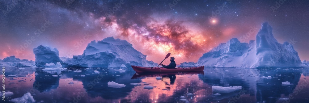 A kayaker boating in sea water with iceberg and beautiful milky way starring night sky A kayaker boating in sea water with iceberg and beautiful milky way starring night sky