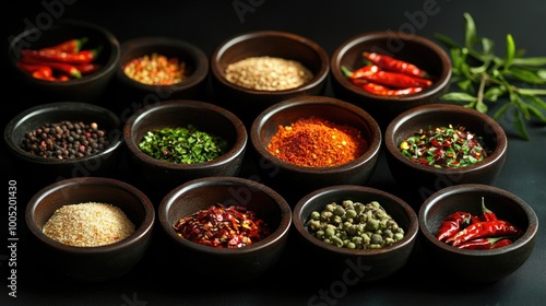 Colorful Spices in Bowls on Dark Background