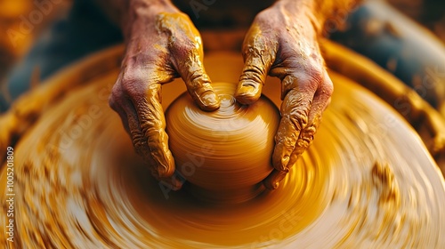 Close-Up of Potter Shaping Clay on Spinning Wheel, Earthy Tones and Soft Lighting