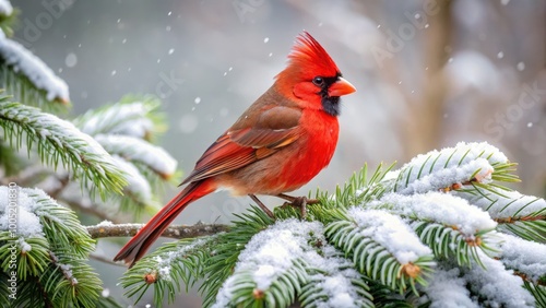 Vibrant red cardinal perches on snow-covered evergreen branch, showcasing bright plumage and distinctive crest, against a soft, muted winter wonderland background.