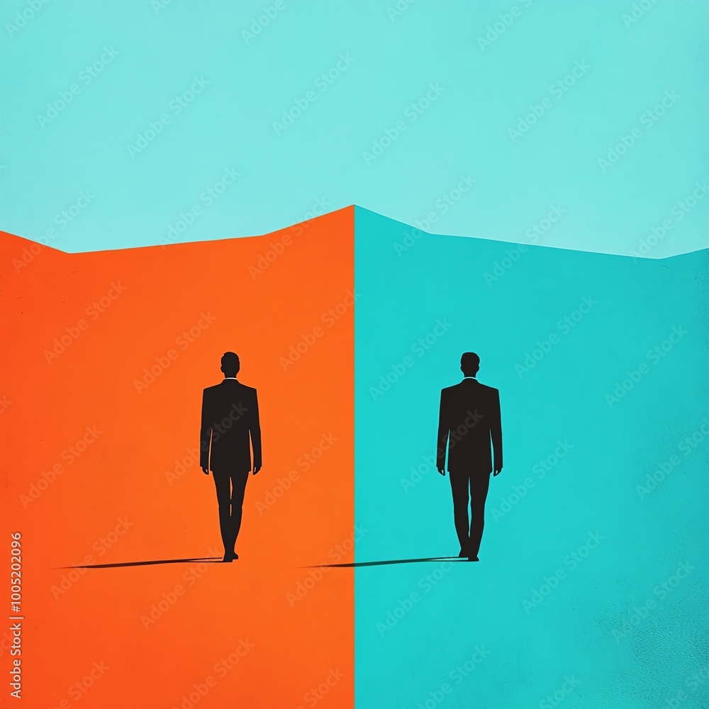 Two silhouettes of men walking towards each other on contrasting backgrounds. Two silhouettes of men walking towards each other on contrasting backgrounds.