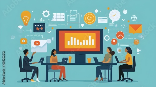 Illustration of Professional Meeting Room with People Discussing Charts and Graphs, Business Collaboration