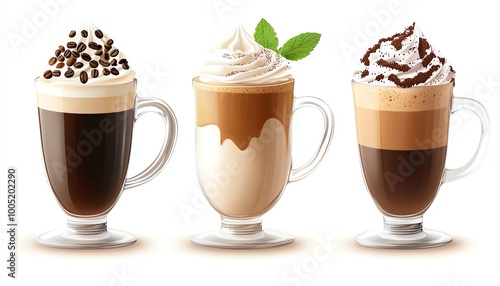 Three delicious coffee beverages with whipped cream and chocolate toppings.