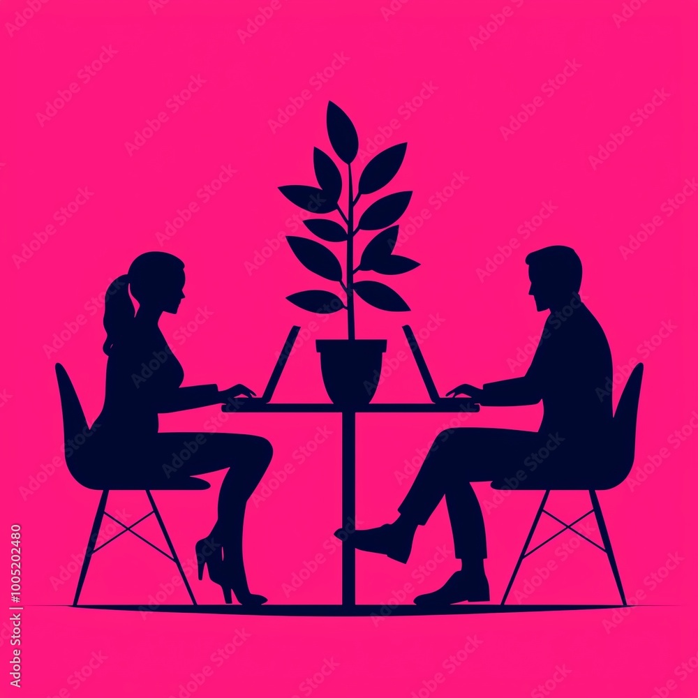 Silhouettes of a man and woman working at a table with laptops and a plant. Silhouettes of a man and woman working at a table with laptops and a plant.