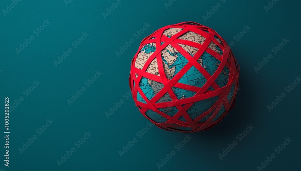 Globe wrapped in red string on a teal background. Globe wrapped in red string on a teal background.