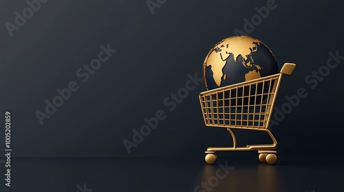 Golden shopping cart with a globe, isolated, dark background.