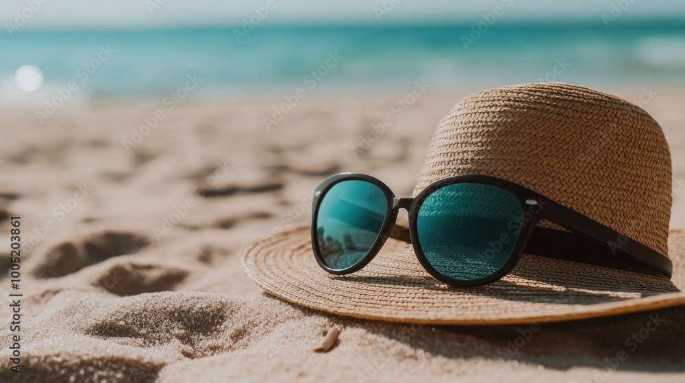 A straw hat and sunglasses lying on the beach sand, reflecting the blue sky and ocean. A straw hat and sunglasses lying on the beach sand, reflecting the blue sky and ocean.