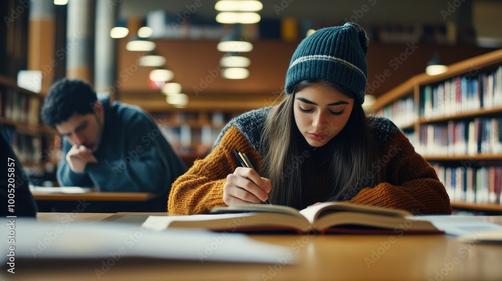 Students Taking Notes with Reference Books in Library Students Taking Notes with Reference Books in Library