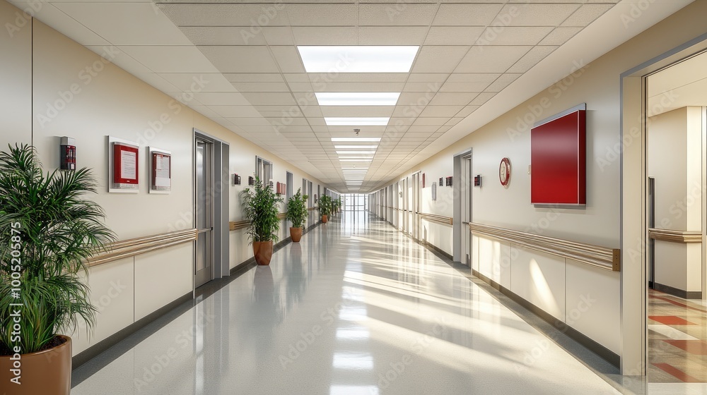 Obraz premium Modern Hospital Corridor with Natural Light