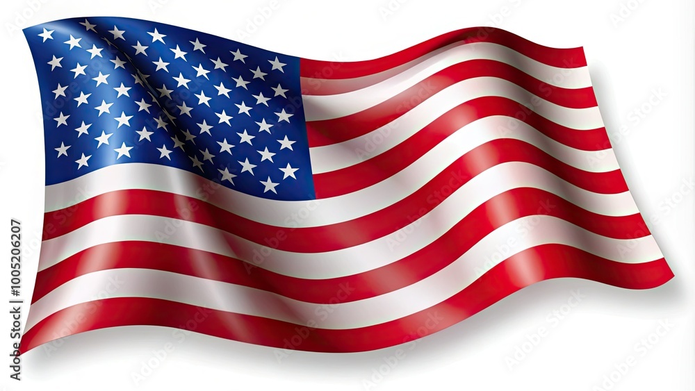 Obraz premium Vibrant stars and stripes waving in the wind, proud American flag clipart with crisp folds and subtle shadows, symbolizing freedom and patriotism.