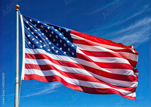 Vibrant Stars and Stripes waving in the wind against a clear blue sky, symbolizing freedom, patriotism, and national pride, with subtle folds and creases. photo