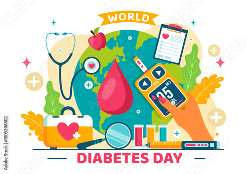 World Diabetes Day Vector Illustration on 14 November with Doctors Testing Blood for Glucose and Measuring Sugar in a Flat Style Cartoon Background