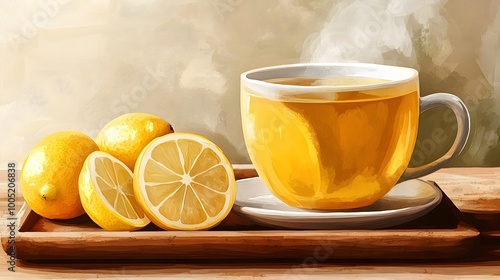 Illustration of Steaming Herbal Tea with Lemon Slices on Wooden Tray, Relaxing Beverage Art