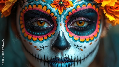 Closeup of a model s face in Day of the Dead makeup, with symmetrical patterns and colorful cosmetics highlighting the sugar skull design