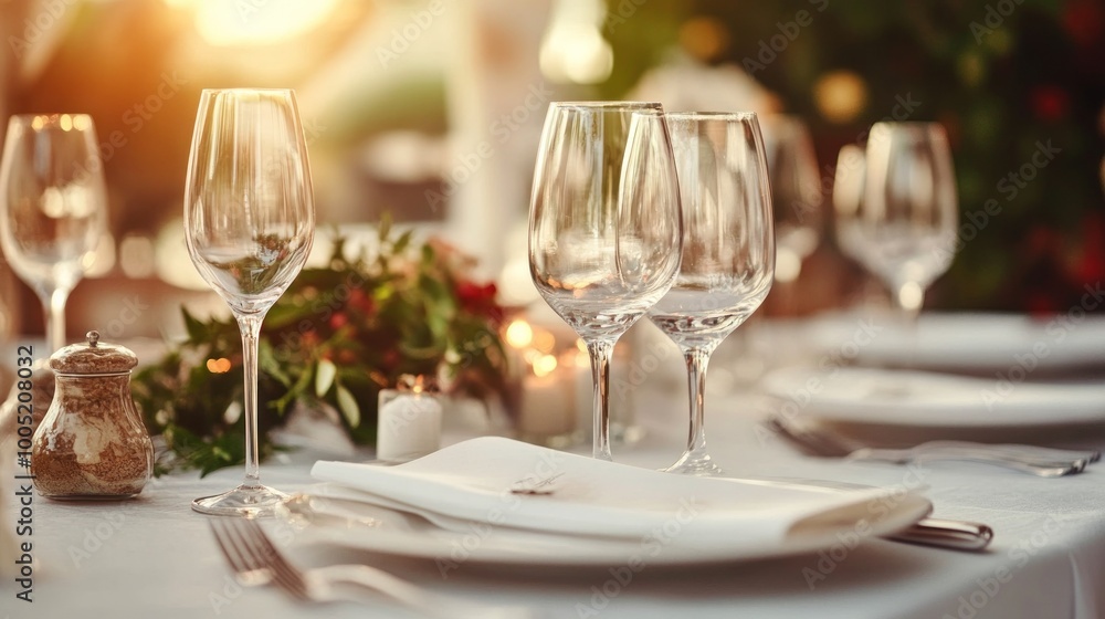 Elegant Table Setting with Wine Glasses and White Napkins Elegant Table Setting with Wine Glasses and White Napkins