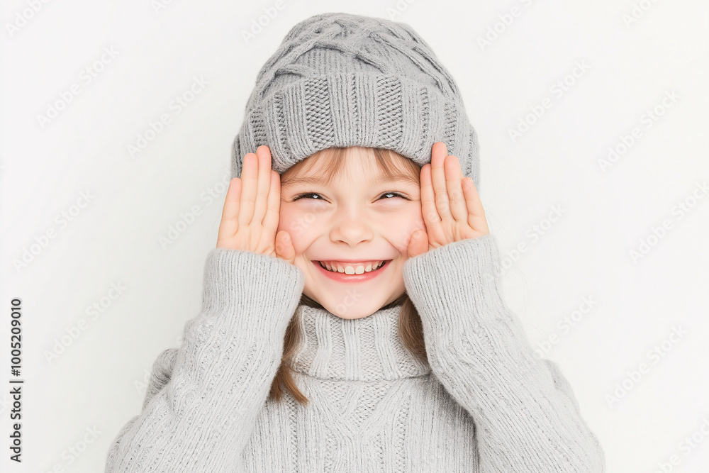 Smiling Child Wearing a Gray Knit Hat and Sweater on a Minimalist White Background for Winter Lifestyle Concept Smiling Child Wearing a Gray Knit Hat and Sweater on a Minimalist White Background for Winter Lifestyle Concept