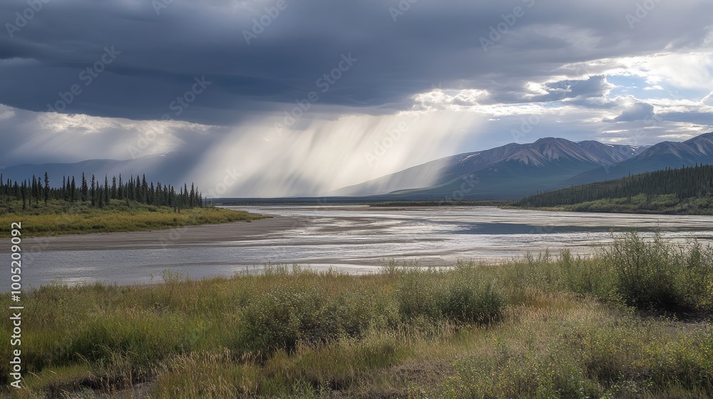 A wide shot of a river flowing through a valley with rain falling in the distance. The mountains in the distance are covered in clouds. A wide shot of a river flowing through a valley with rain falling in the distance. The mountains in the distance are covered in clouds.