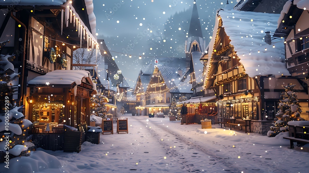 a charming village square adorned with snow-covered rooftops, twinkling lights, and a festive atmosphere a charming village square adorned with snow-covered rooftops, twinkling lights, and a festive atmosphere