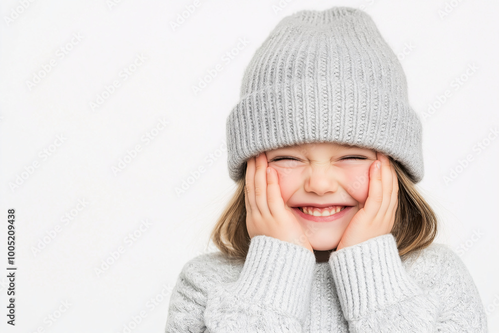 Smiling Child Wearing a Gray Knit Hat and Sweater on a Minimalist White Background for Winter Lifestyle Concept Smiling Child Wearing a Gray Knit Hat and Sweater on a Minimalist White Background for Winter Lifestyle Concept