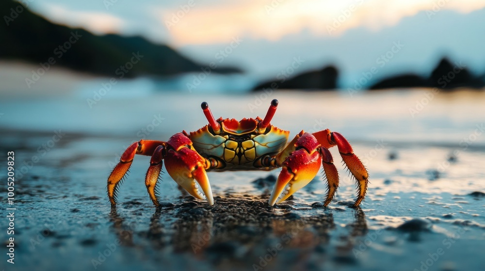 Red and Yellow Crab on the Beach at Sunset Red and Yellow Crab on the Beach at Sunset