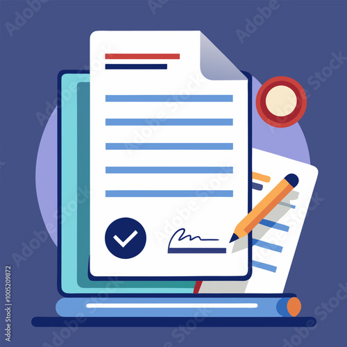 Contract documents pile vector illustration, flat cartoon stack of agreements document with signature and approval stamp, concept of paperwork, business doc