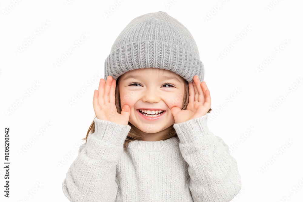 Smiling Child Wearing a Gray Knit Hat and Sweater on a Minimalist White Background for Winter Lifestyle Concept Smiling Child Wearing a Gray Knit Hat and Sweater on a Minimalist White Background for Winter Lifestyle Concept