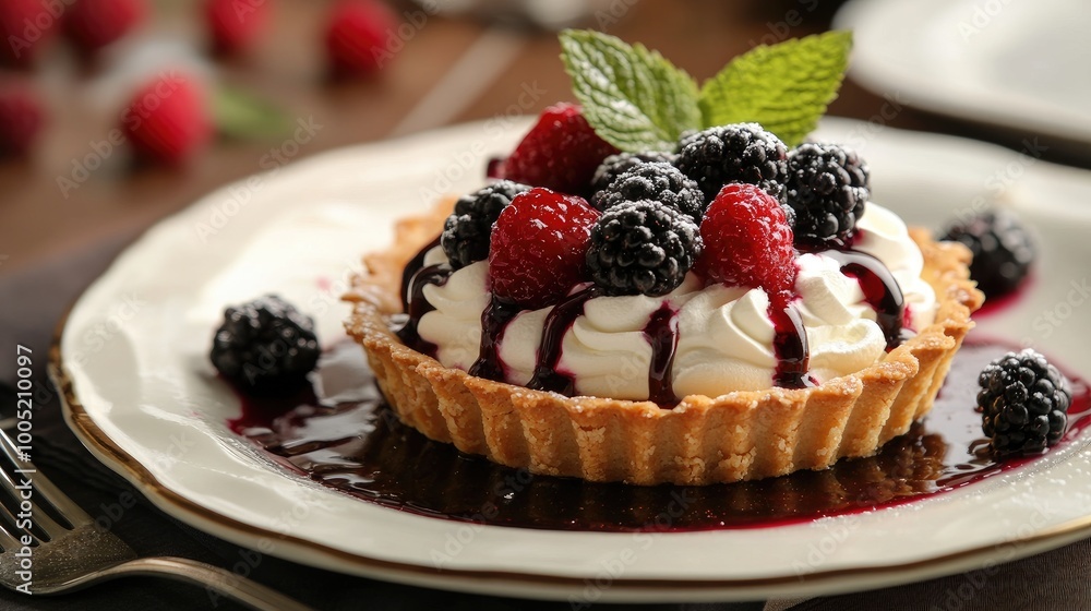 Delicious Berry Tart with Cream and Mint Garnish Delicious Berry Tart with Cream and Mint Garnish