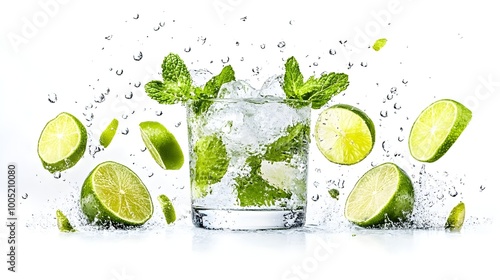 Mojito with Fresh Mint Leaves, Lime Wedges, and Ice Cubes in Frosty Glass, Isolated on White Background